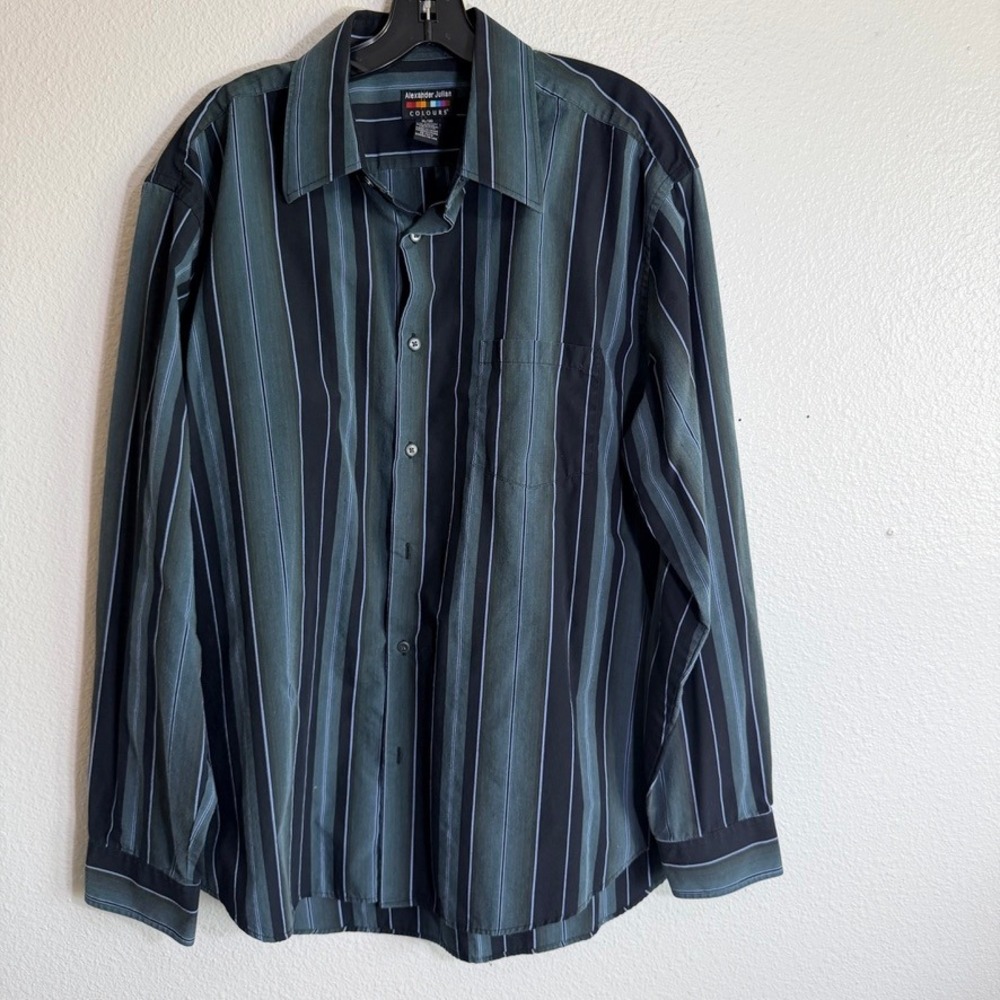 Alexander Julian Colours Mens XL Green Navy Striped Long Sleeve Button Down